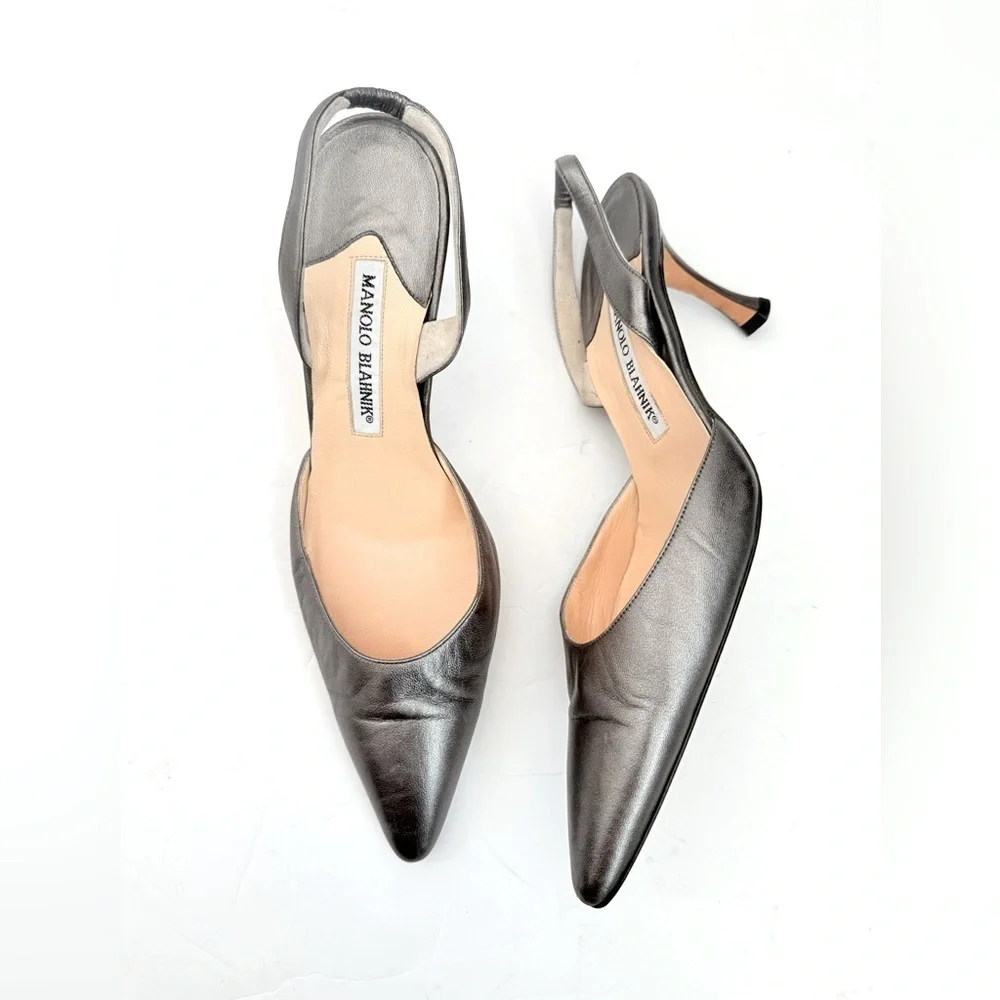 Manolo Blahnik Retro Gunmetal Grey 70mm Carolyne Slingback pumps EU 37.5
